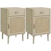Set 2 Comodini per Camera da Letto con Cassetto e Anta in Rattan Stile Boho, Colore Legno
