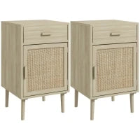 Set 2 Comodini per Camera da Letto con Cassetto e Anta in Rattan Stile Boho, Colore Legno
