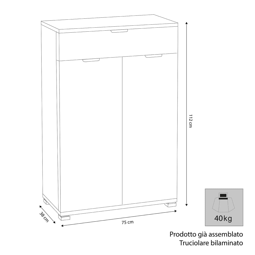 Armadietto da Bagno con 2 ante e un cassetto in Legno Composito cm 75x38x112 - HUGO