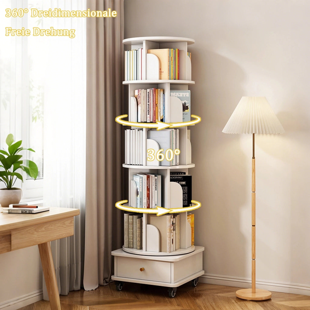 LIBRERIA Girevole 360° con cassetto e ruote Bianca in MDF