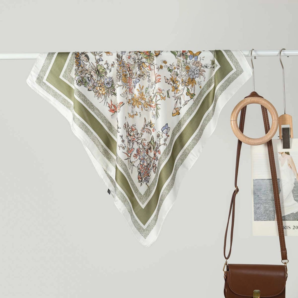 Sciarpa da donna in seta verde stampata, stile coreano, alla moda e versatile, sciarpa/fascia per il collo decorativa.