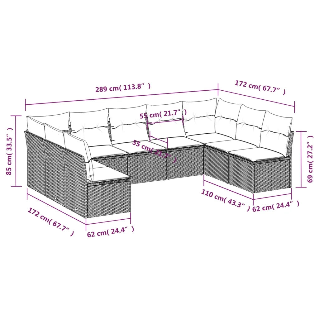 Set Divano da Giardino 9 pz con Cuscini Grigio in Polyrattan 3249909