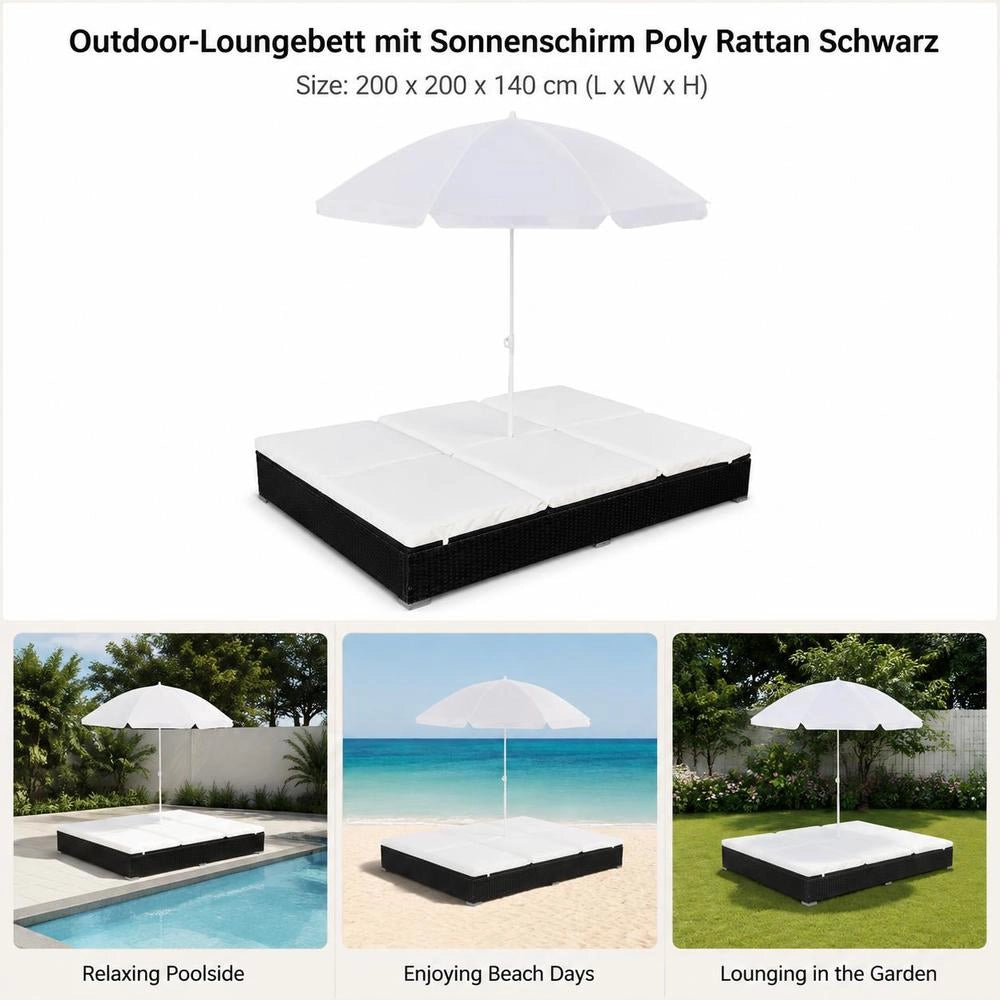 Outdoor Lounge Bed With Parasol, Poly Rattan, Black