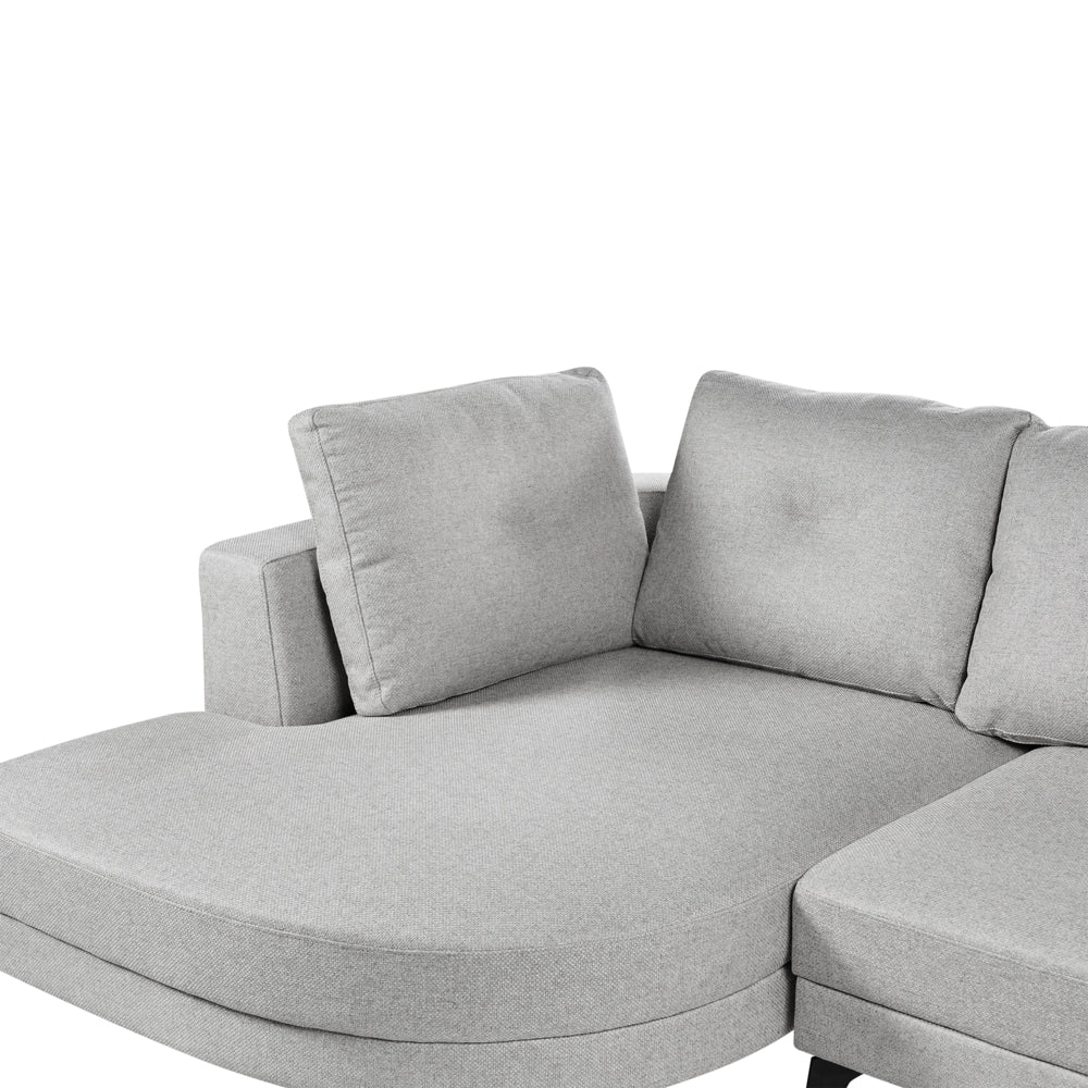 Divano angolare moderno con bracciolo destro Rivestimento in lino sintetico idrorepellente Gambe in ferro nero con cuscini grigio