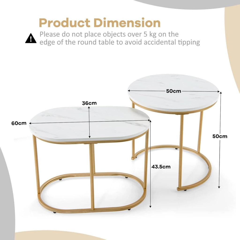 Set di 2 Tavolini da Salotto in Marmorizzato Oro, Tavolino da Divano, Tavolino da Caffè dal Design Moderno, Comodino, Telaio in Metallo Dorato