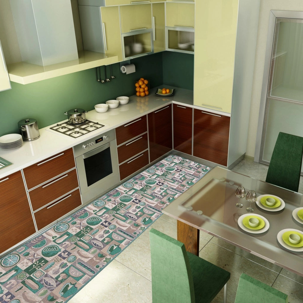 Tappeto Cucina Assorbente Bordato Antiscivolo Frutta e Verdura Passatoia Lavabile 52x280 Cm Verde