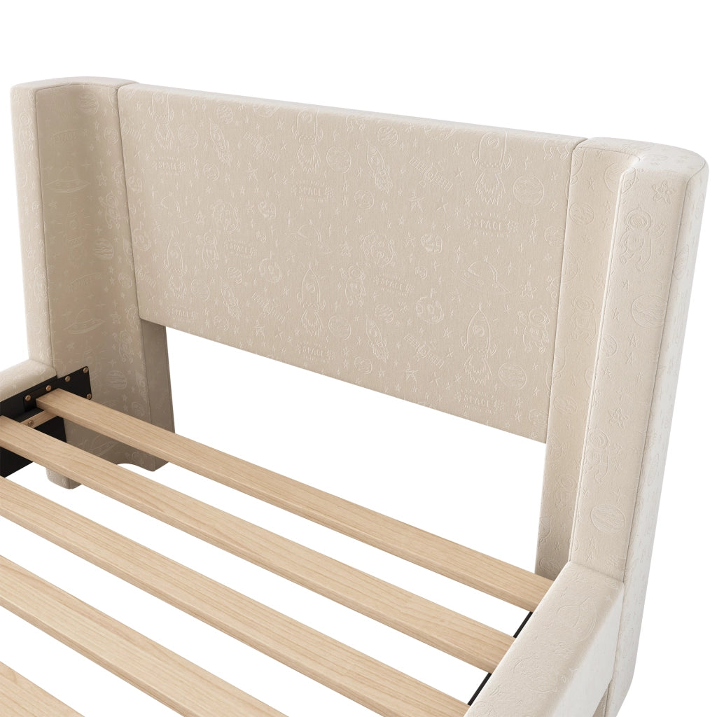 DESMIU Letto per bambini 1 posto con motivo spaziale e design a slitta, 90 × 200 cm, senza materasso, velluto, beige