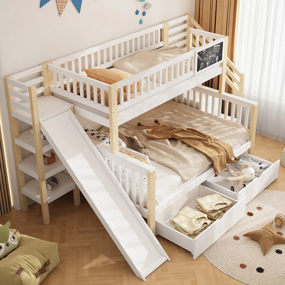 Letto a castello per bambini - Xylo - 140x200 cm e 90x200 cm - Bianco - Multifunzionale con lavagna