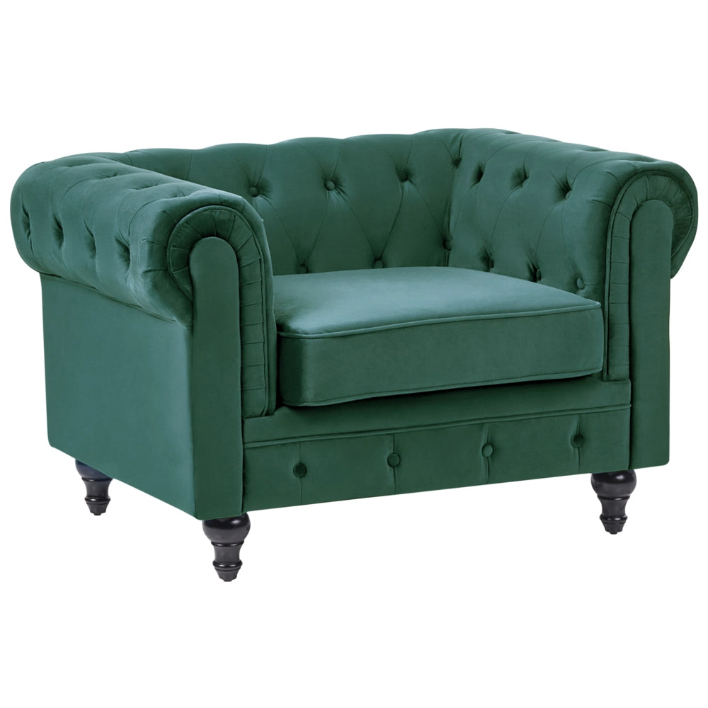 Set da soggiorno Chesterfield rivestimento in tessuto di velluto verde gambe in legno scuro divano a 3 posti + poltrona contemporanea
