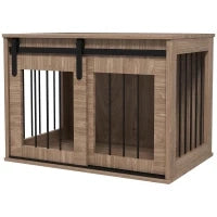 Gabbia cuccia per cane animali interni porta scorrevole, metallo effetto legno, 57H x 80L x 54P cm, Marrone