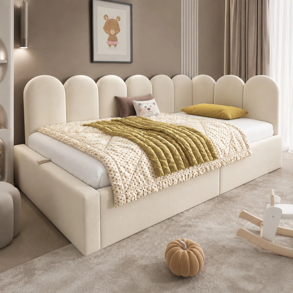 Letto da giorno imbottito 90x190 cm con contenitore idraulico, velluto, beige