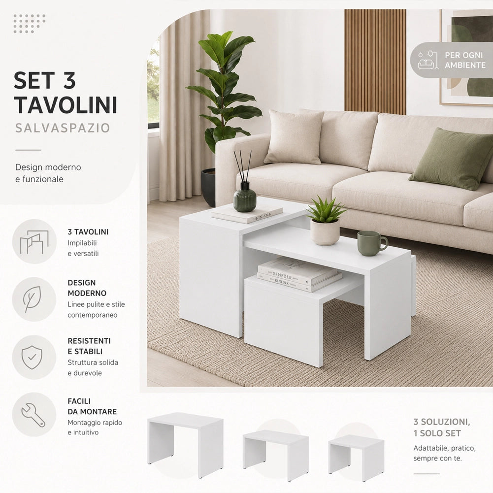 Tavolino Caffe Divano Salotto Rettangolare 3Pz Design Moderno Legno Bianco