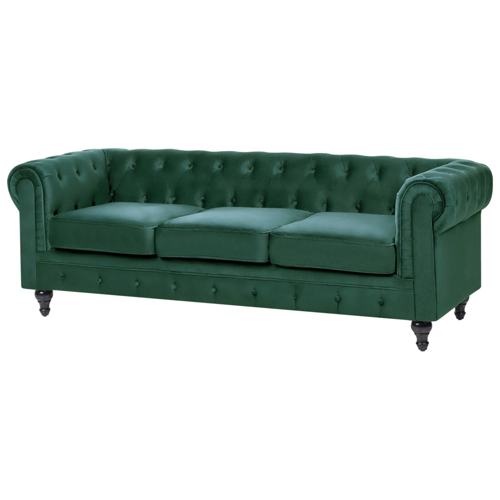 Divano Chesterfield Tessuto Velluto Verde Rivestimento Gambe In Legno Scuro 3 Posti Contemporaneo