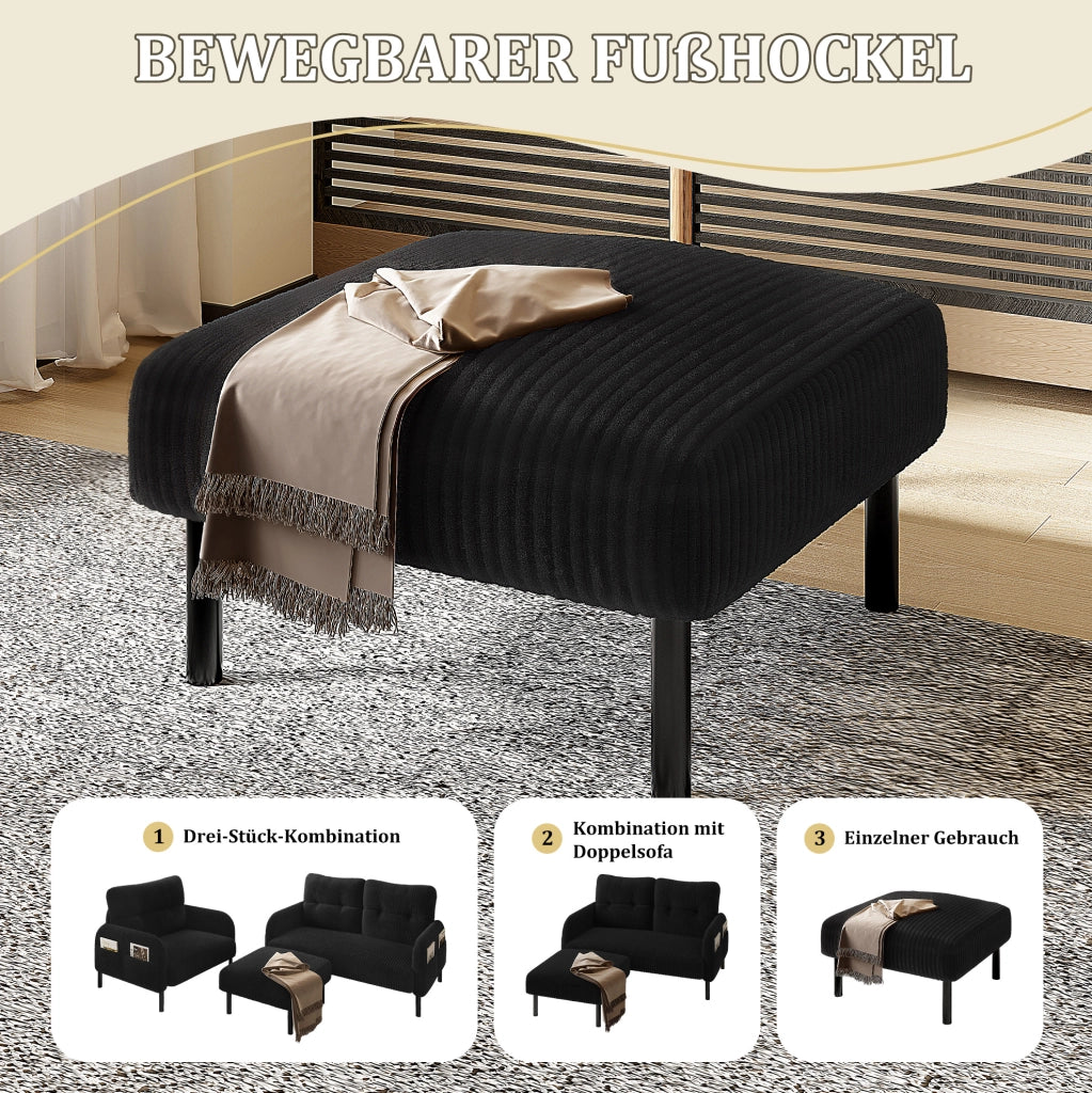 Pouf in tessuto a coste nero 56 x 51 x 39 cm con struttura in metallo
