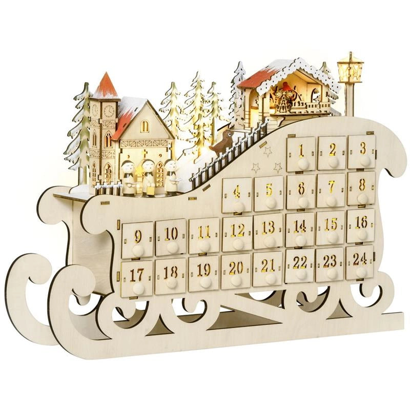 CALENDARIO DELL'AVVENTO A SLITTA IN LEGNO E LED 45X10X31 CM