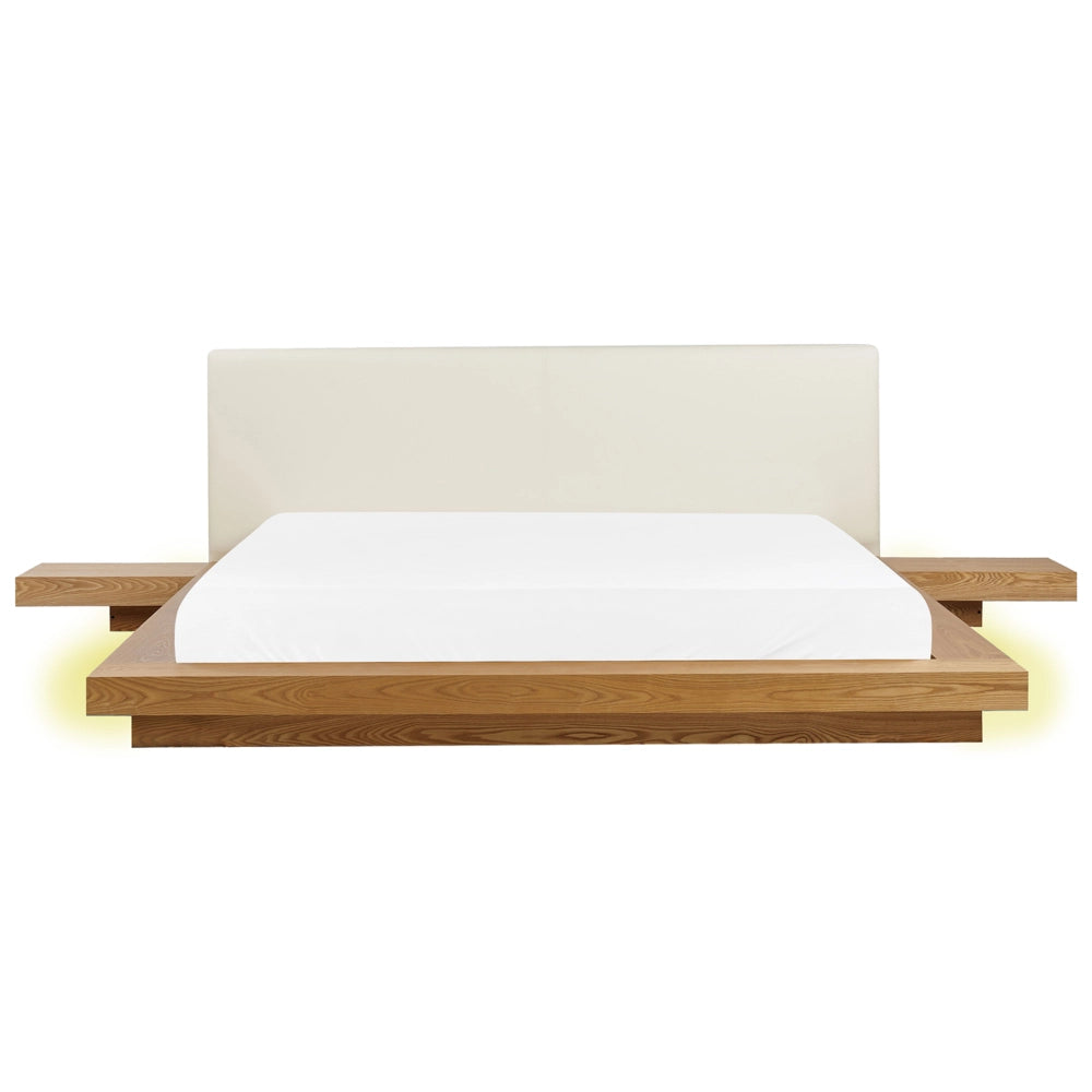 Letto LED in stile giapponese in frassino naturale 180 x 200 cm impiallacciato in legno MDF testata in ecopelle camera da letto a basso profilo