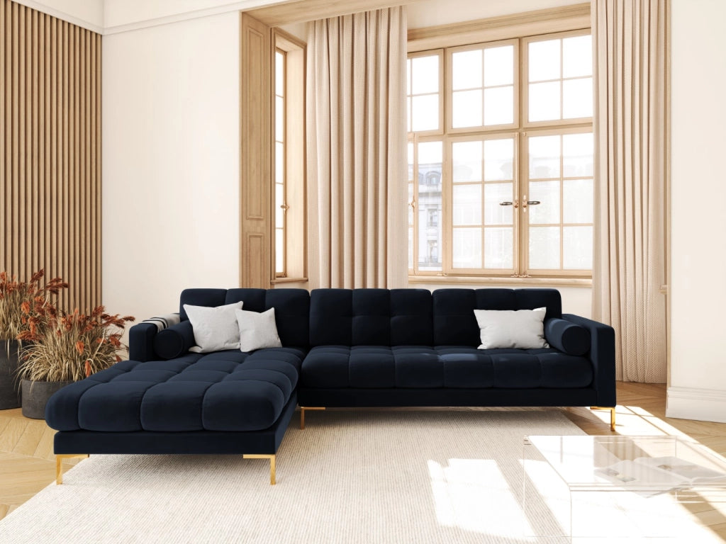 Cosmopolitan Design - Divano angolare sinistro "Bali" 5 posti in velluto blu scuro 