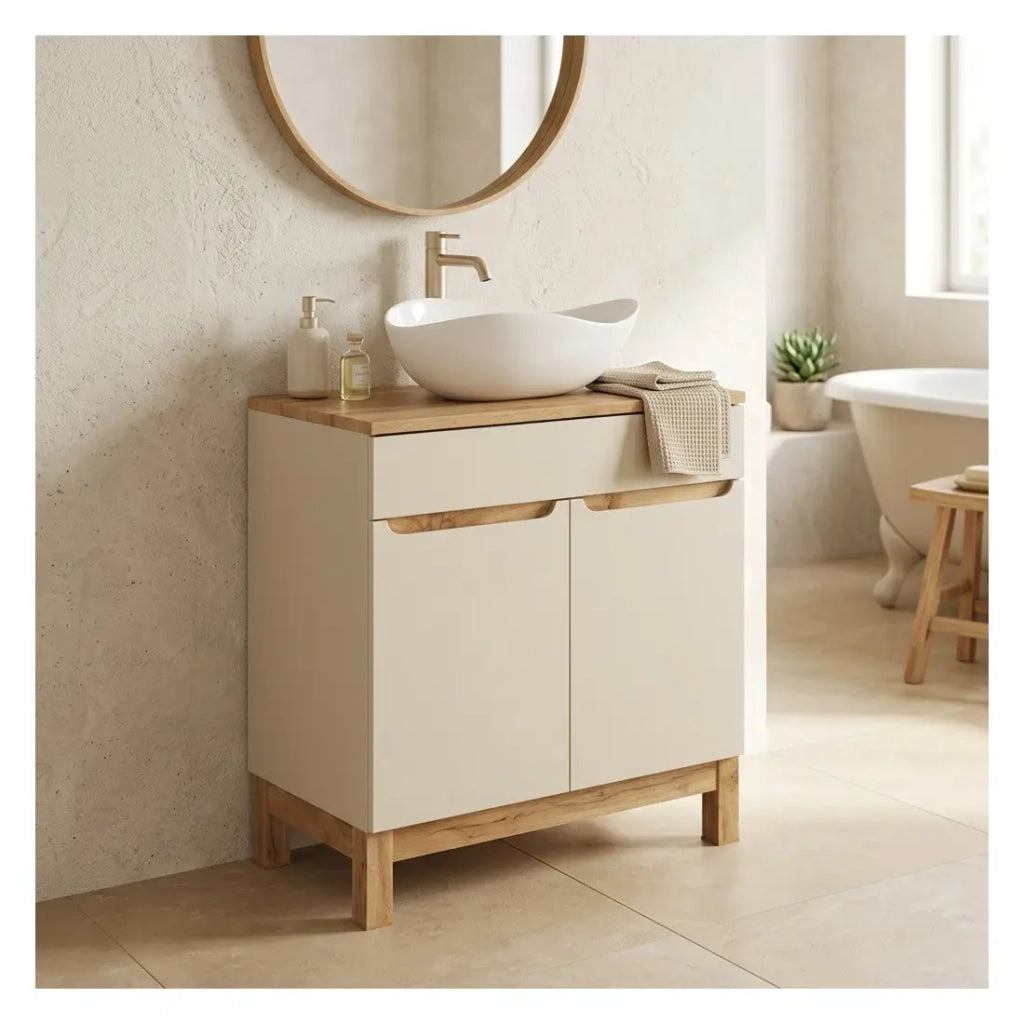 Set bagno ERMANO cashmere e finitura quercia 80cm: mobile sotto lavabo + piano per lavabo