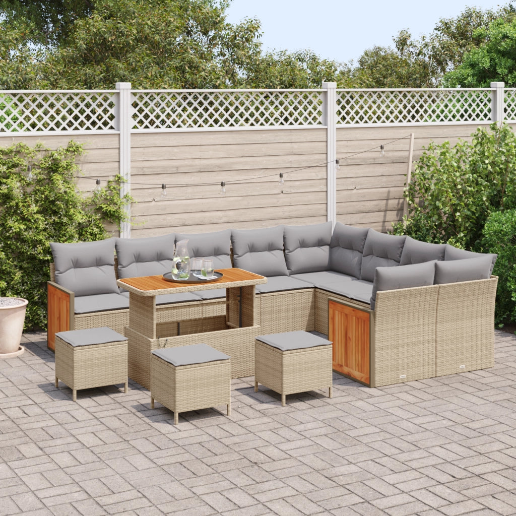 Set Divani da Giardino  13 Pezzi con Cuscini Beige Rattan Polietilenico Acacia