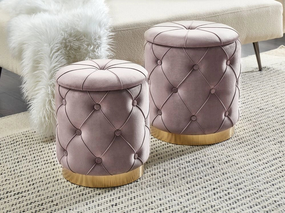 Set di pouf portaoggetti in velluto di poliestere grigio talpa con rivestimento capitonnè base dorata design retrò