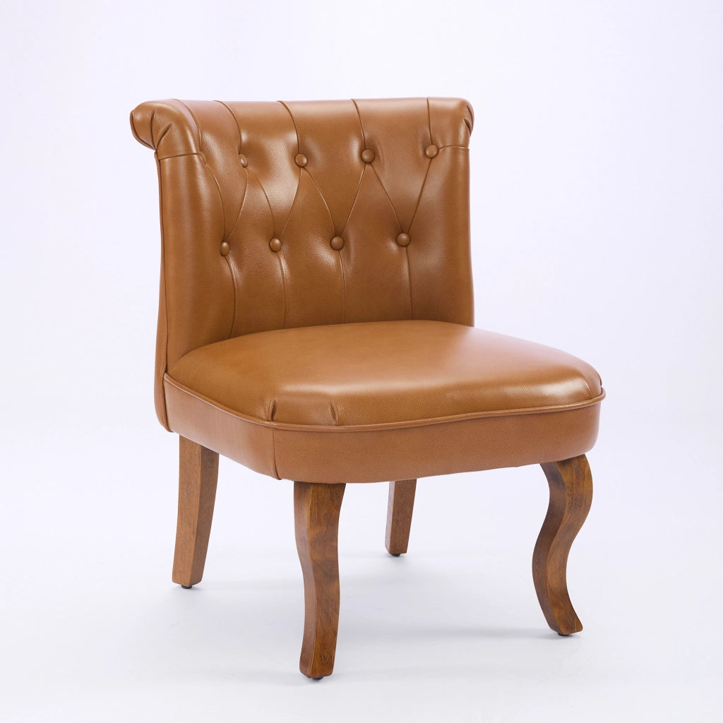 Sedia da Pranzo con Schienale Capitonné e Struttura Stabile, in Pelle e Legno, Marrone Chiaro