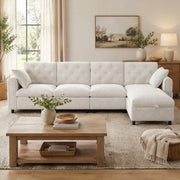 Divano angolare convertibile con vano contenitore e tasca laterale in velluto beige 281 × 132 × 86 cm