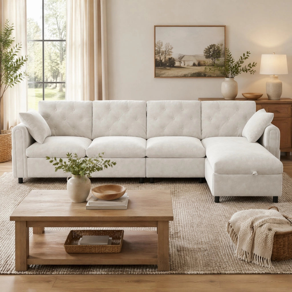 Divano angolare convertibile con vano contenitore e tasca laterale in velluto beige 281 × 132 × 86 cm