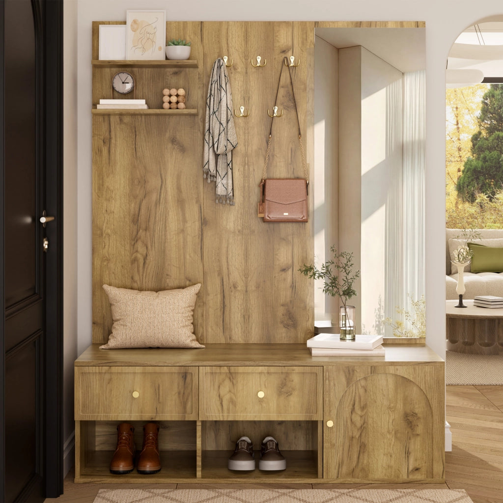 Garderobiera da ingresso multifunzione 6 in 1 con specchio, 5 ganci, 2 cassetti e vano chiuso, effetto legno, 120 x 35 x 159 cm