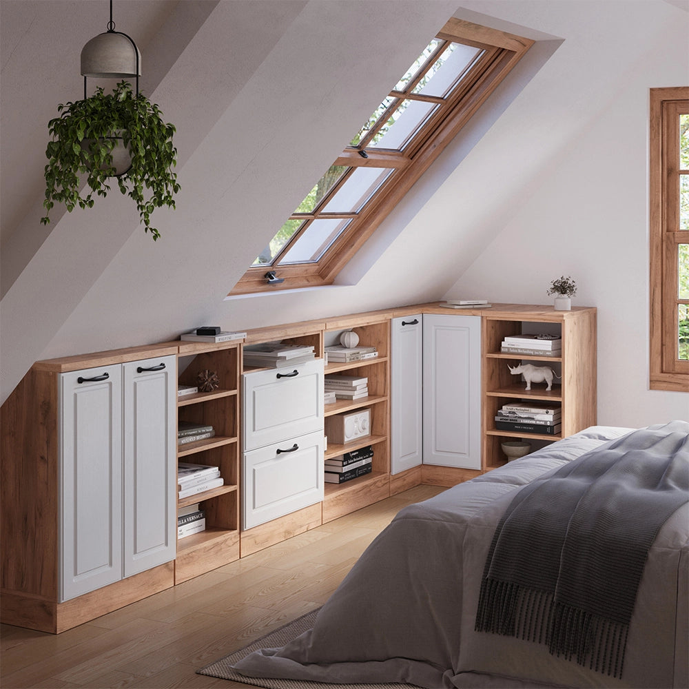 Mobile cucina angolare per sottotetto R-Line Bianco rustico/Rovere dorato 75.6 cm con 1 porta Vicco