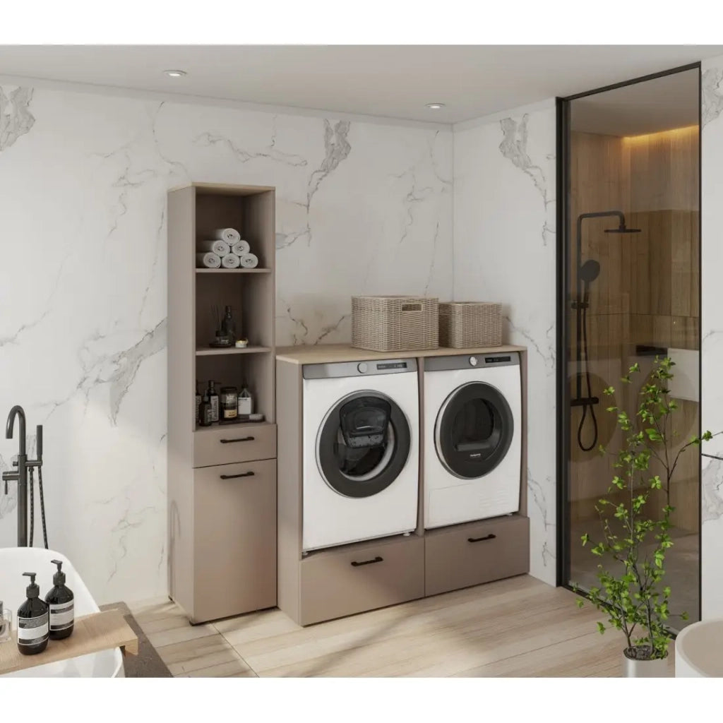 Mobile da bagno per lavatrice e asciugatrice collezione WASHING – 2 cassetti – Tortora e rovere