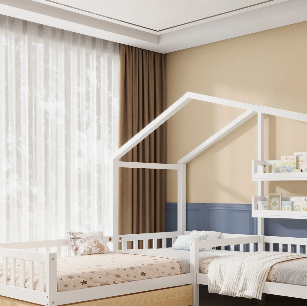 Letto a casetta a L per bambini con cassetto e scaffali bianco