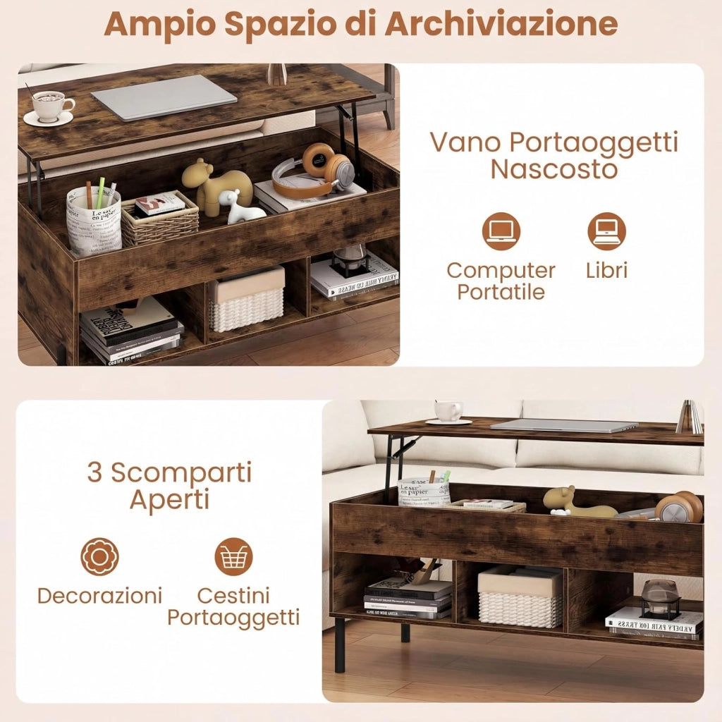 Tavolino da Caffè Sollevabile, Tavolino da Salotto con Piano Regolabile in Altezza, Scomparti e Piedini Antiscivolo, Design Moderno, per Soggiorno, Camera da Letto, Studio (Marrone)