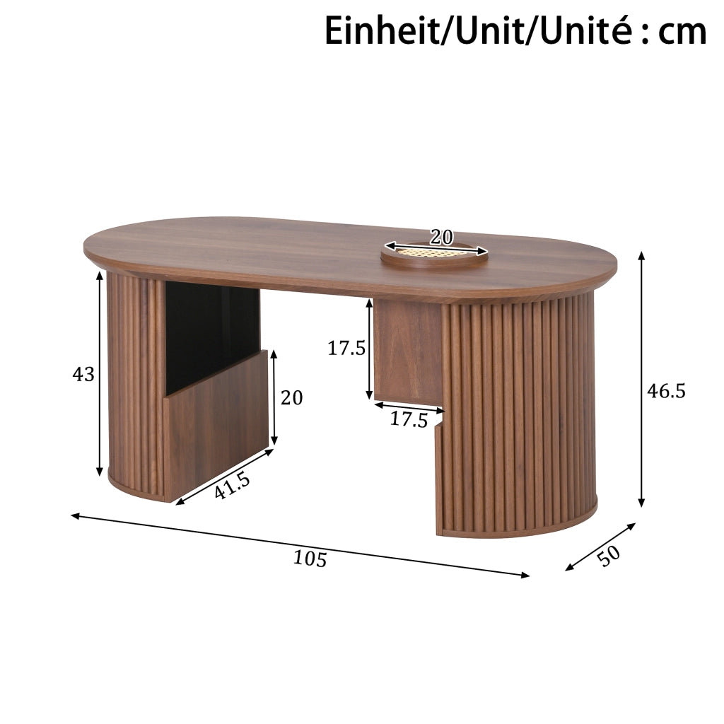OKWISH Tavolino da Caffè Ovale con Vani Integrati e Ripiani Aperti, per Soggiorno, MDF, Noce, 105×50×46,5 cm