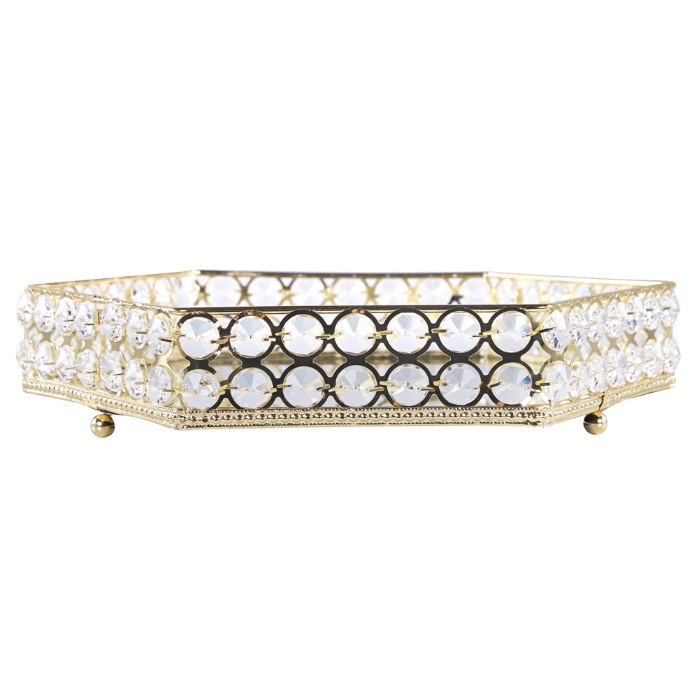Vassoio decorativo in ferro dorato e vetro esagonale a specchio con strass da tavolo con i glamour