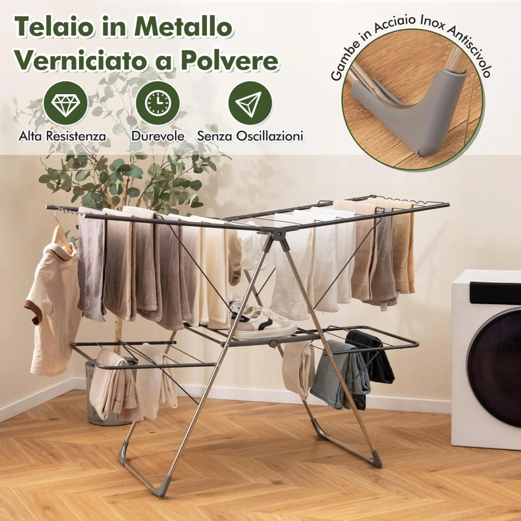 Stendibiancheria da Pavimento a 2 Piani Pieghevole con Ali Regolibili, Stendino in Acciaio Inox con Antiscivolo, Stendi Biancheria Salvaspazio per Interno ed Esterno, 141 x 58 x 130 cm, Grigio