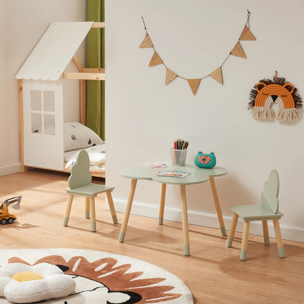Set Epim di 3 Mobili per Cameretta Tavolino e 2 Sedie - Verde Menta / Naturale [en.casa]