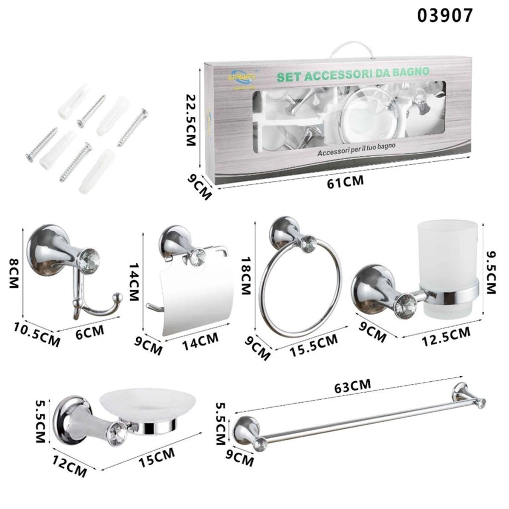 KIT COMPLETO 6 ACCESSORI BAGNO ASTA SAPONE WC GANCIO PORTA ASCIUGAMANO 03907