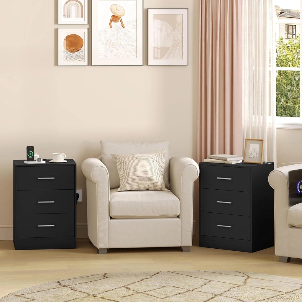 Set di 2 Comodini, Comodini con Stazione di Ricarica, con 3 Cassetti, Neri, per Soggiorno Camera da Letto Studio, 39x28.5x54.5cm