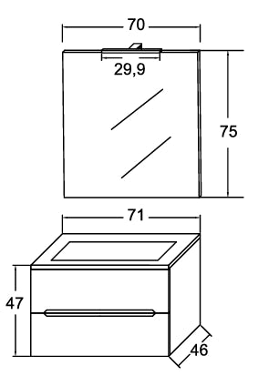 Composizione mobile bagno sospeso con cassetti cm 70 mod. TALIA - Bianco Lucido