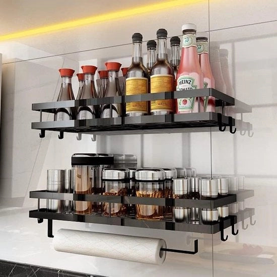 Set di 2 gradiere per spezie, appeso senza fori e fori, gradiere per cucina, muro con gradiere per rotoli di cucina e piatti di base in plastica, gradiere per cucina da parete per cucina e bagno