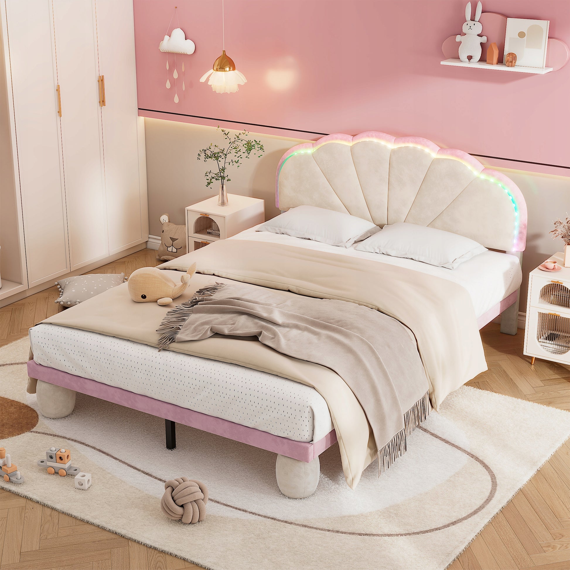 Letto imbottito con LED 140x200 - Xylo - Beige+Rosa, senza materasso