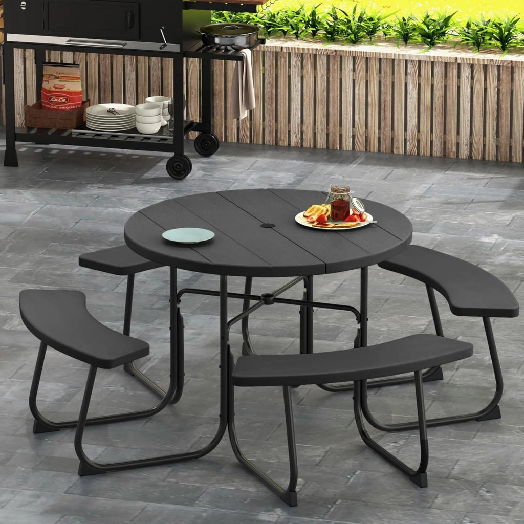 Set da Giardino e Picnic per 8 Persone, Tavolo Rotondo con 4 Panche Integrate, Tavolo da Birra in HDPE Impermeabile con Foro per Ombrellone, Arredamento da Esterno per Giardino e Terrazzo