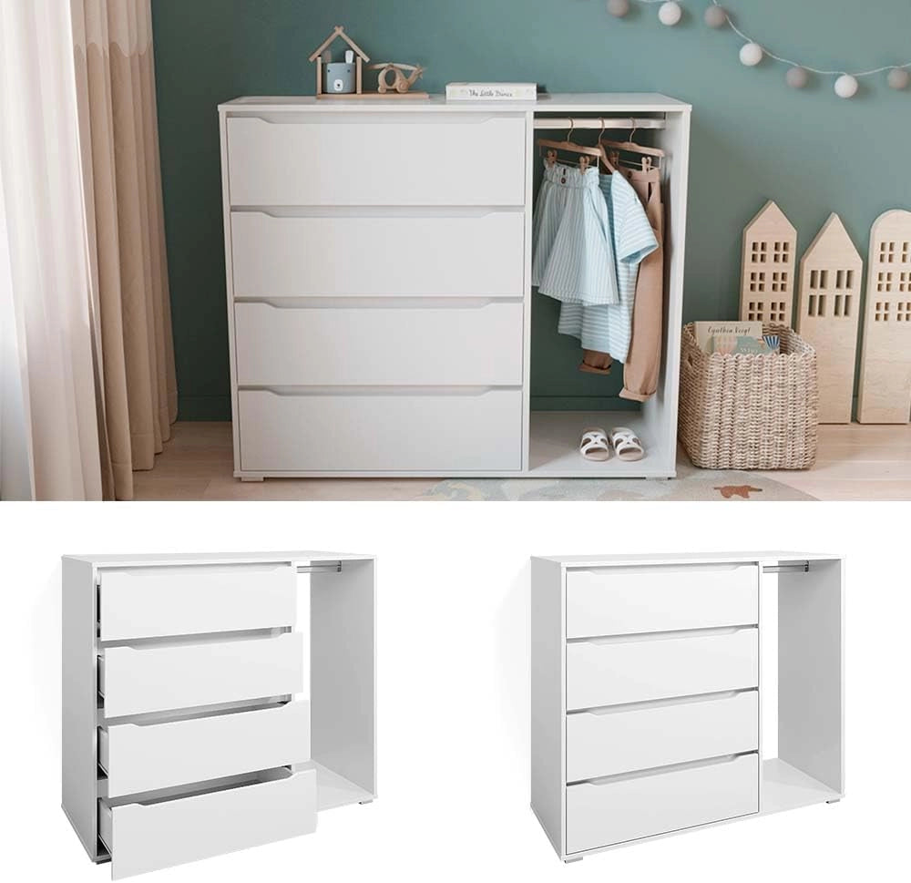 Guardaroba per bambini Ruben, Bianco, 120 x 101.9 cm con 4 cassetti, adatto per riporre abbigliamento e accessori per bambini