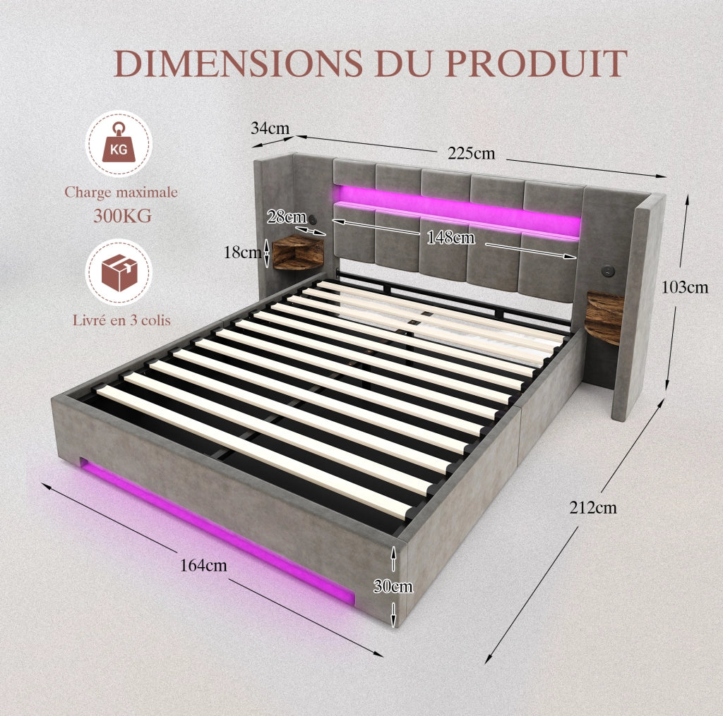 Letto contenitore imbottito ULEVR 160x200 cm con LED, 2 USB e mobili laterali, velluto grigio scuro