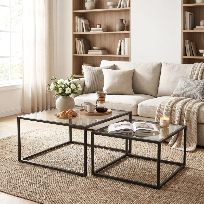 TAVOLINO DA CAFFÈ Set 2 unità 84.5x81.3x15 cm Vetro Nero