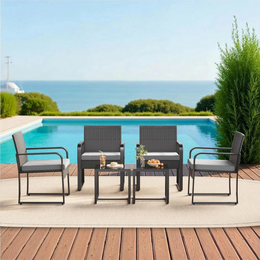 Set Giardino in Rattan per 2 Persone, Mobili da Esterno in Vimini con Cuscini, Tavolino e 2 Sedie per Terrazza, Balcone, Giardino o Piscina (grigio)