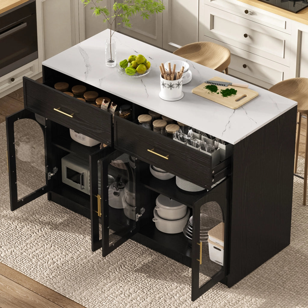 Carrello da cucina con LED, 2 cassetti, ante trasparenti e ripiani regolabili, per cucina e sala da pranzo, nero