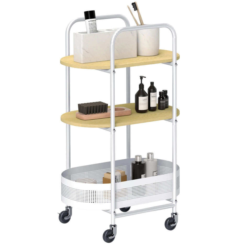 Tavolino con ruote e cestino ¨C zephmum ¨C bianco e legno naturale 49.5x32.5x82.5 cm