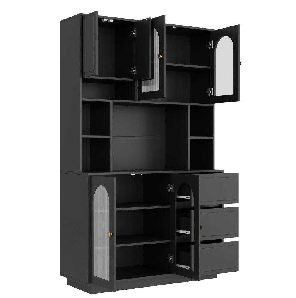 Credenza alta 106x30x175 cm in MDF nero， LED APP e contenitore cucina