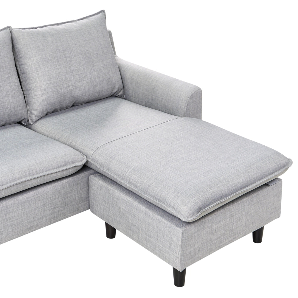 Divano ad angolo Rivestimento in tessuto grigio chiaro Gambe in legno scuro Chaise longue a 3 posti a versione sinistra Cuscino schienale